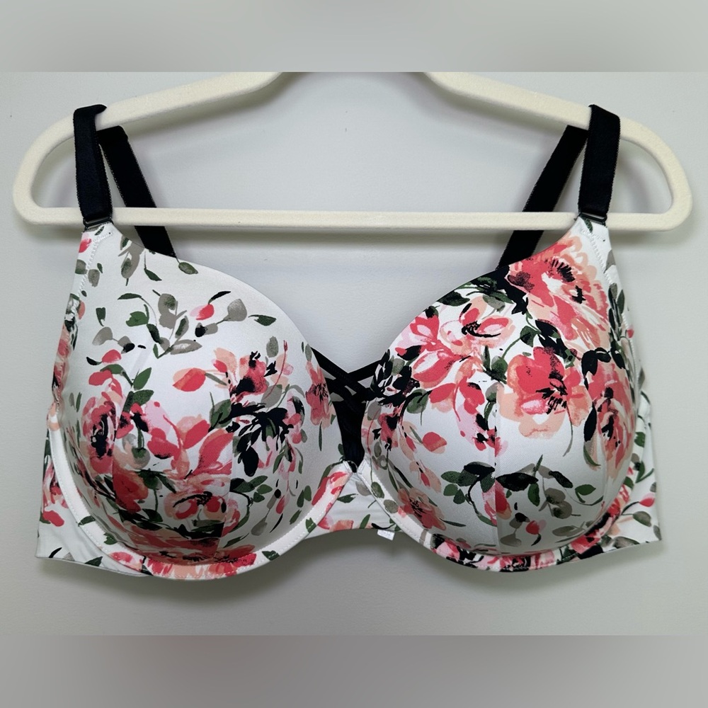 Torrid‎ Curve Floral Underwire T-Shirt Bra White Pink Black Full Coverage 44DD